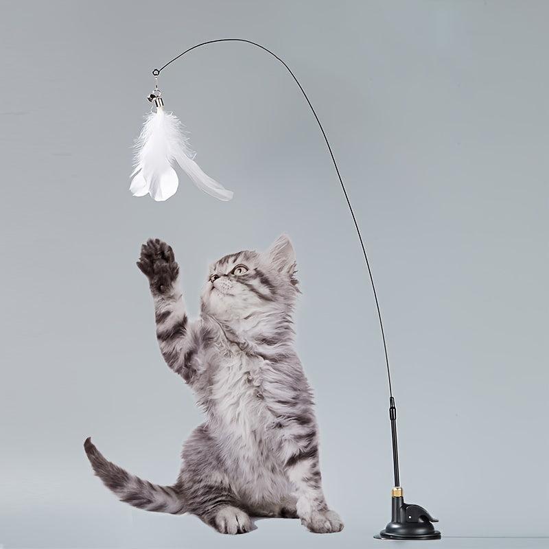 Cat Teasing Stick Suction Cup Steel Wire Long Rod Feather Cat Teaser Stick