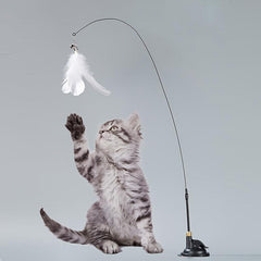 Cat Teasing Stick Suction Cup Steel Wire Long Rod Feather Cat Teaser Stick