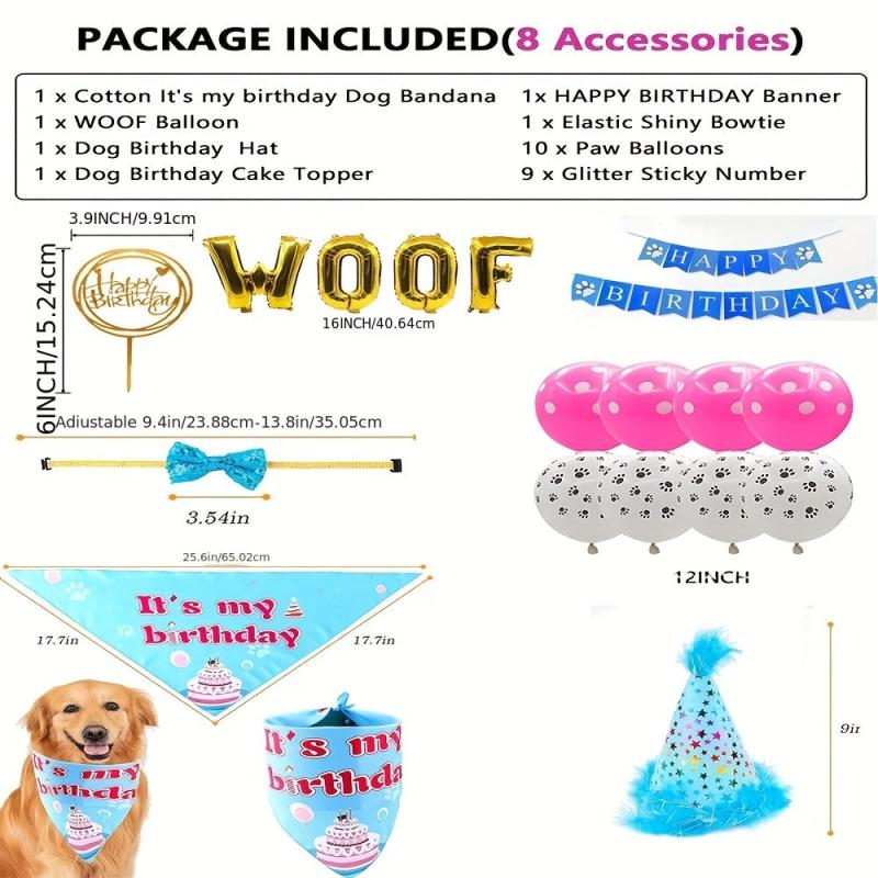 8pcs Dog Birthday Party Supplies Happy Birthday Banner Hat Balloons Bandana
