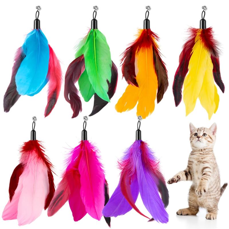 8pcs Cat Feather Toys Replacement Interactive Cat Wand Toy with PVC Teaser Stick
