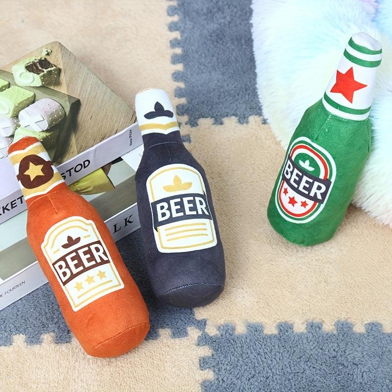 Beer Bottle Dog Squeaky Chew Toy Plush Teeth Grinding Durable Interactive