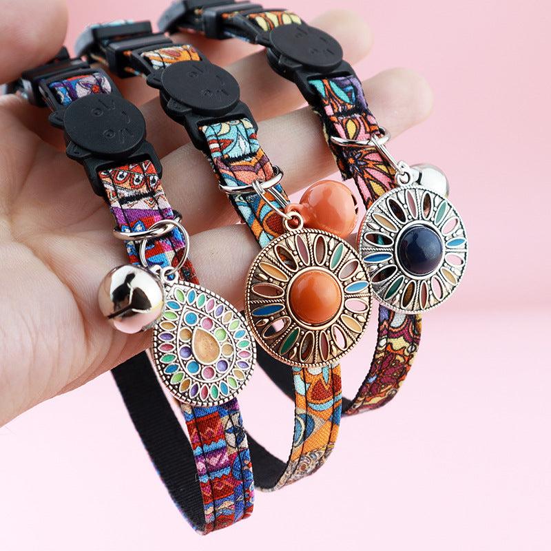 Boho Style Pet Collar with Bell and Metal Pendant