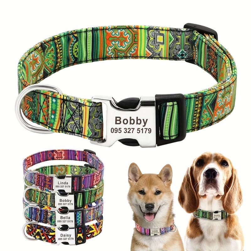 Personalized Engraved Dog Collar Indian Geometric Print Necklace