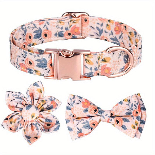 Floral Dog Collar w/ Flower Bowtie for Girl Dogs - Adjustable Metal Buckle