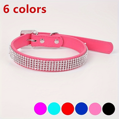 Adjustable Rhinestone Bling Leather Collar for Cats and Puppies