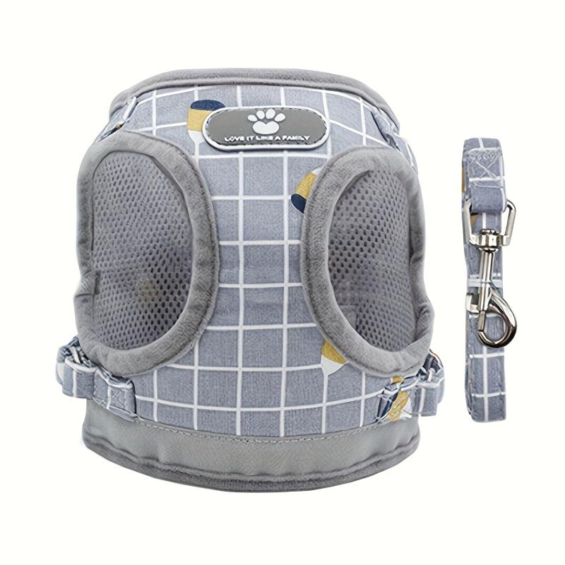 Adjustable Plaid Pattern Dog Harness Vest Set