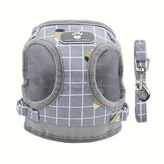 Adjustable Plaid Pattern Dog Harness Vest Set