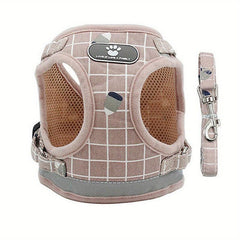 Adjustable Plaid Pattern Dog Harness Vest Set