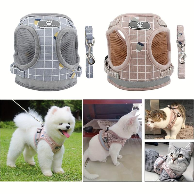 Adjustable Plaid Pattern Dog Harness Vest Set
