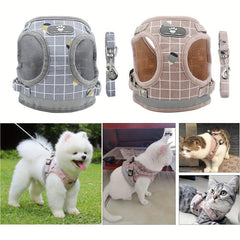 Adjustable Plaid Pattern Dog Harness Vest Set
