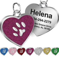 Custom Engraved Heart Dog Tags Personalized Glitter Paw Pet Tag