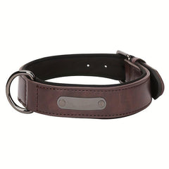 Personalized Leather Dog Collar with Engraved Nameplate - Retro Style