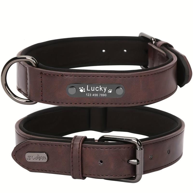Personalized Leather Dog Collar with Engraved Nameplate - Retro Style