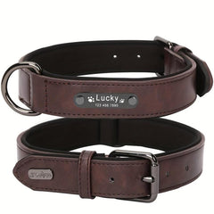 Personalized Leather Dog Collar with Engraved Nameplate - Retro Style