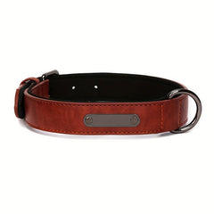 Personalized Leather Dog Collar with Engraved Nameplate - Retro Style