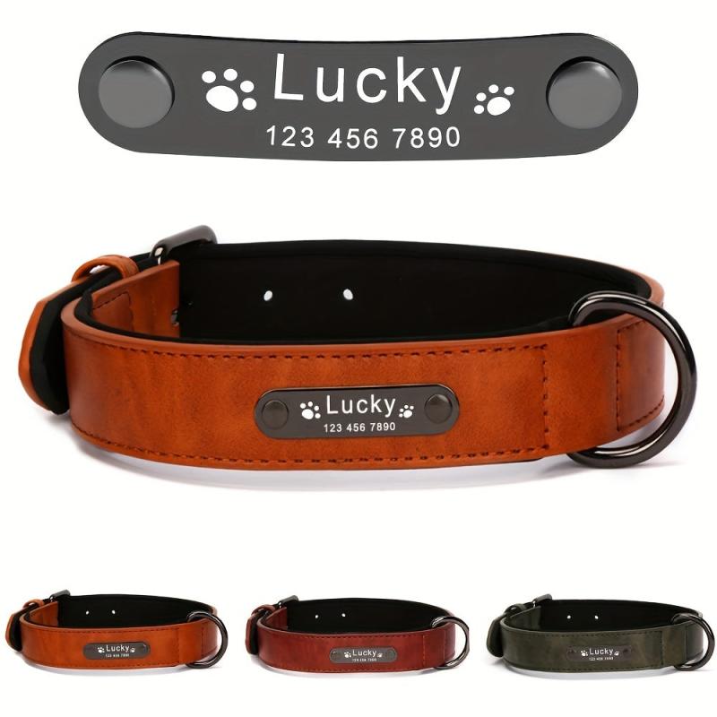 Personalized Leather Dog Collar with Engraved Nameplate - Retro Style
