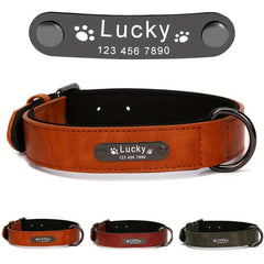 Personalized Leather Dog Collar with Engraved Nameplate - Retro Style