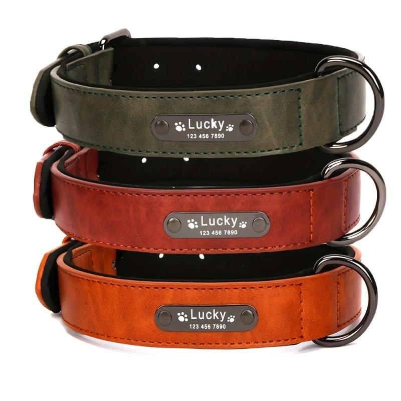 Personalized Leather Dog Collar with Engraved Nameplate - Retro Style