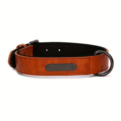 Personalized Leather Dog Collar with Engraved Nameplate - Retro Style
