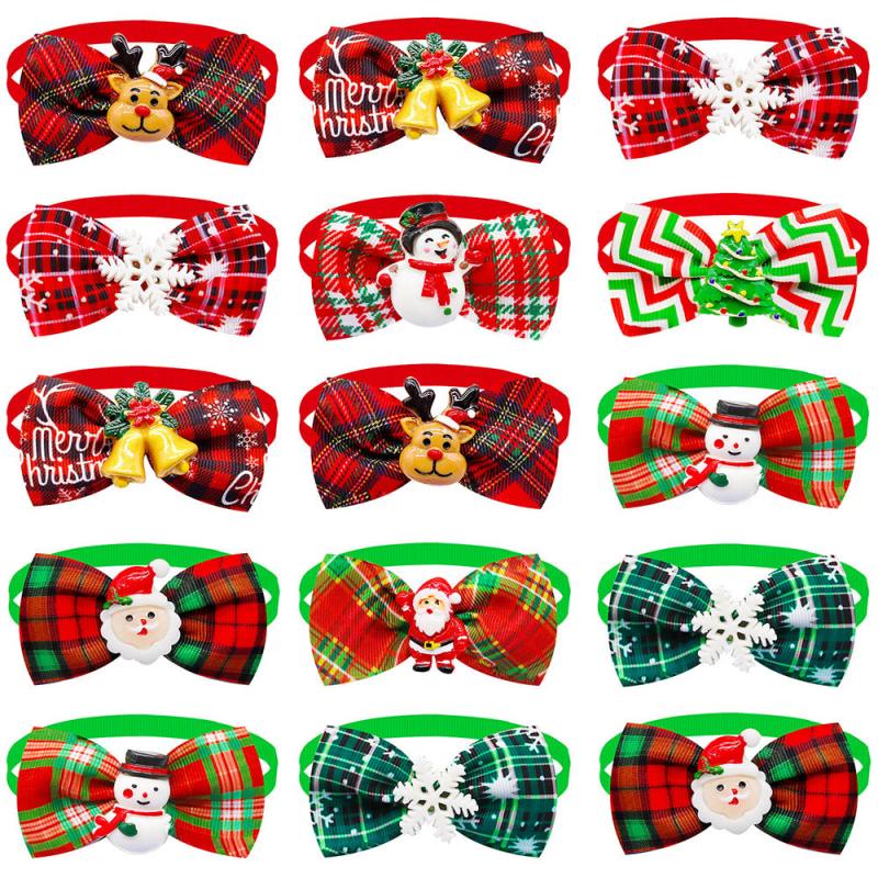 8pcs Christmas Bow Tie Collar Plaid Pet Bow Ties Adjustable Cat Dog Collars