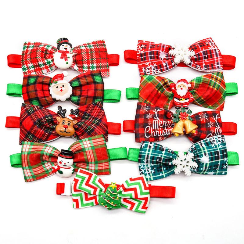 8pcs Christmas Bow Tie Collar Plaid Pet Bow Ties Adjustable Cat Dog Collars