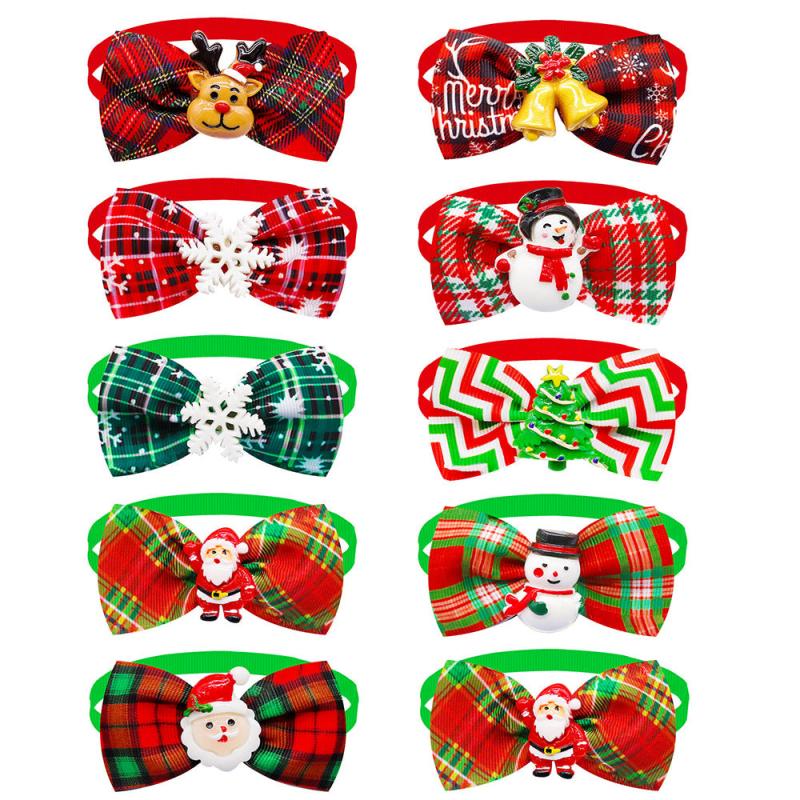 8pcs Christmas Bow Tie Collar Plaid Pet Bow Ties Adjustable Cat Dog Collars