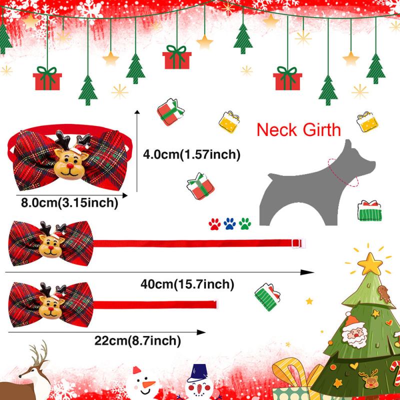 8pcs Christmas Bow Tie Collar Plaid Pet Bow Ties Adjustable Cat Dog Collars
