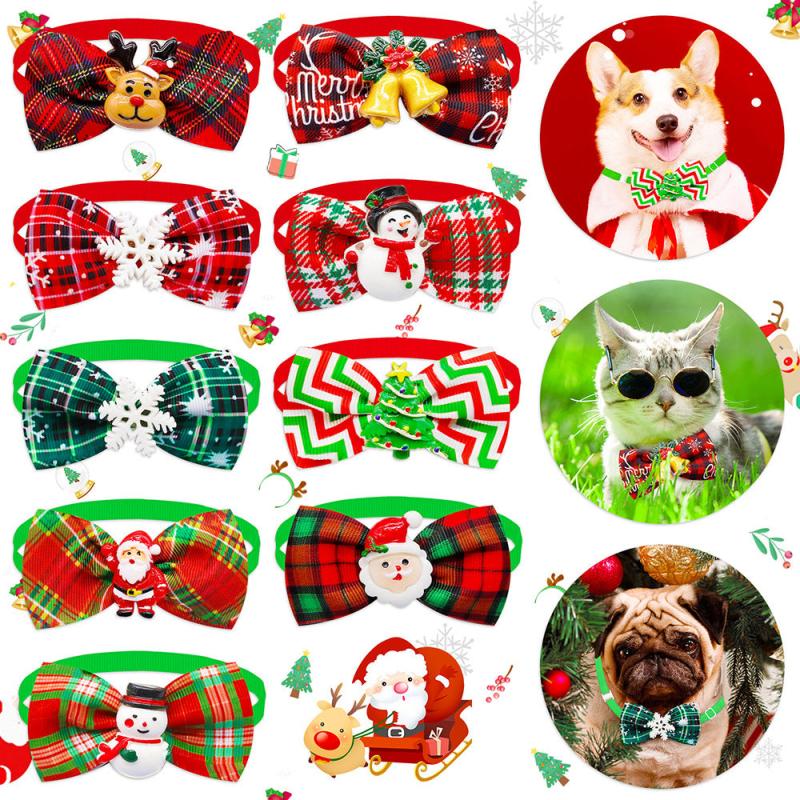 8pcs Christmas Bow Tie Collar Plaid Pet Bow Ties Adjustable Cat Dog Collars