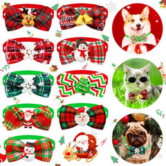 8pcs Christmas Bow Tie Collar Plaid Pet Bow Ties Adjustable Cat Dog Collars