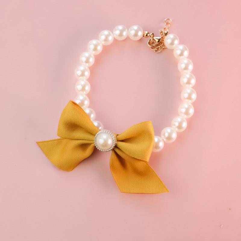 Adjustable Pearl Necklace with Charm Bow for Small Dogs and Cats