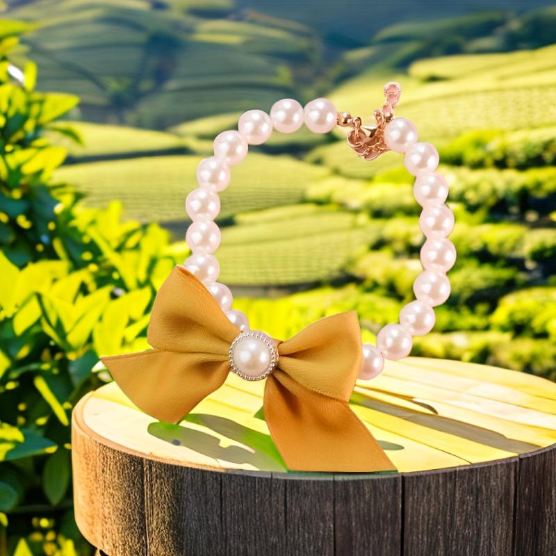 Adjustable Pearl Necklace with Charm Bow for Small Dogs and Cats
