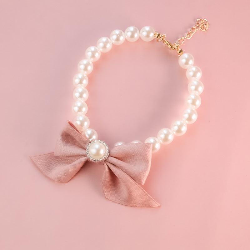 Adjustable Pearl Necklace with Charm Bow for Small Dogs and Cats
