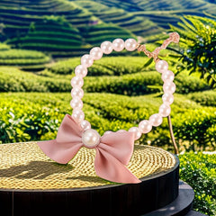 Adjustable Pearl Necklace with Charm Bow for Small Dogs and Cats