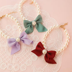 Adjustable Pearl Necklace with Charm Bow for Small Dogs and Cats