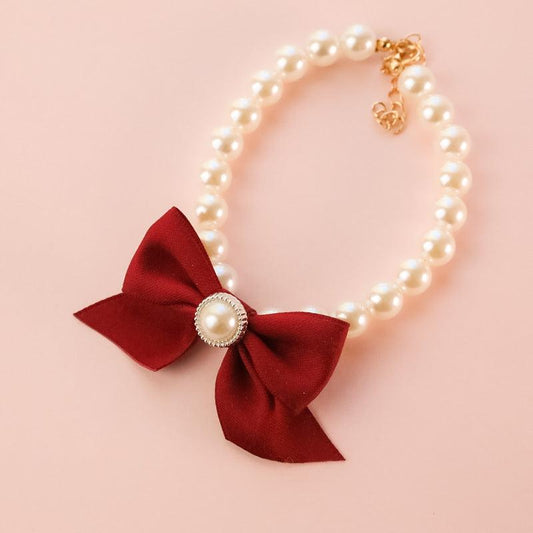 Adjustable Pearl Necklace with Charm Bow for Small Dogs and Cats