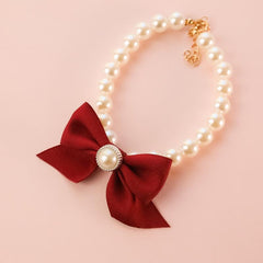 Adjustable Pearl Necklace with Charm Bow for Small Dogs and Cats