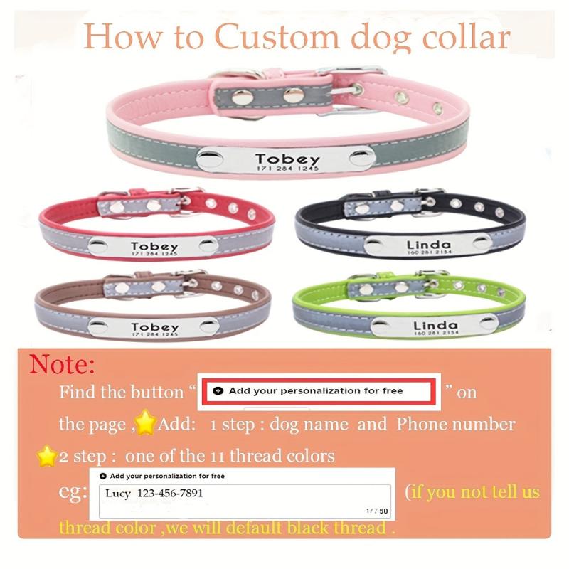 Reflective Leather Dog Collar with Personalization