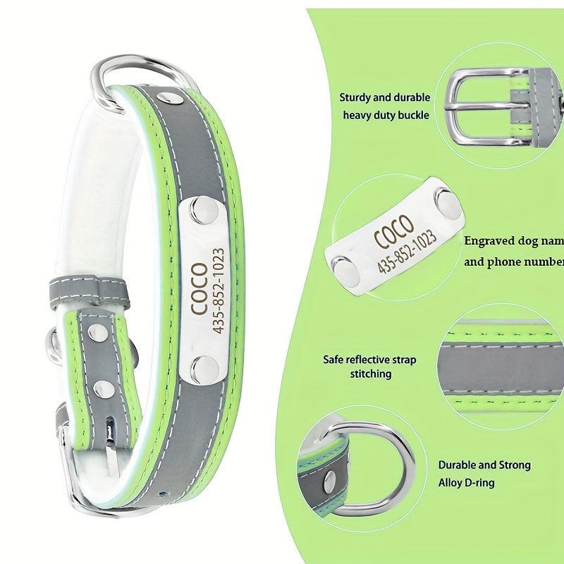 Reflective Leather Dog Collar with Personalization
