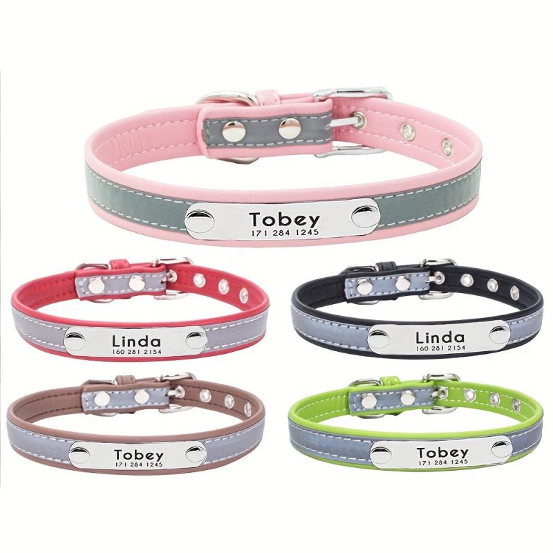 Reflective Leather Dog Collar with Personalization