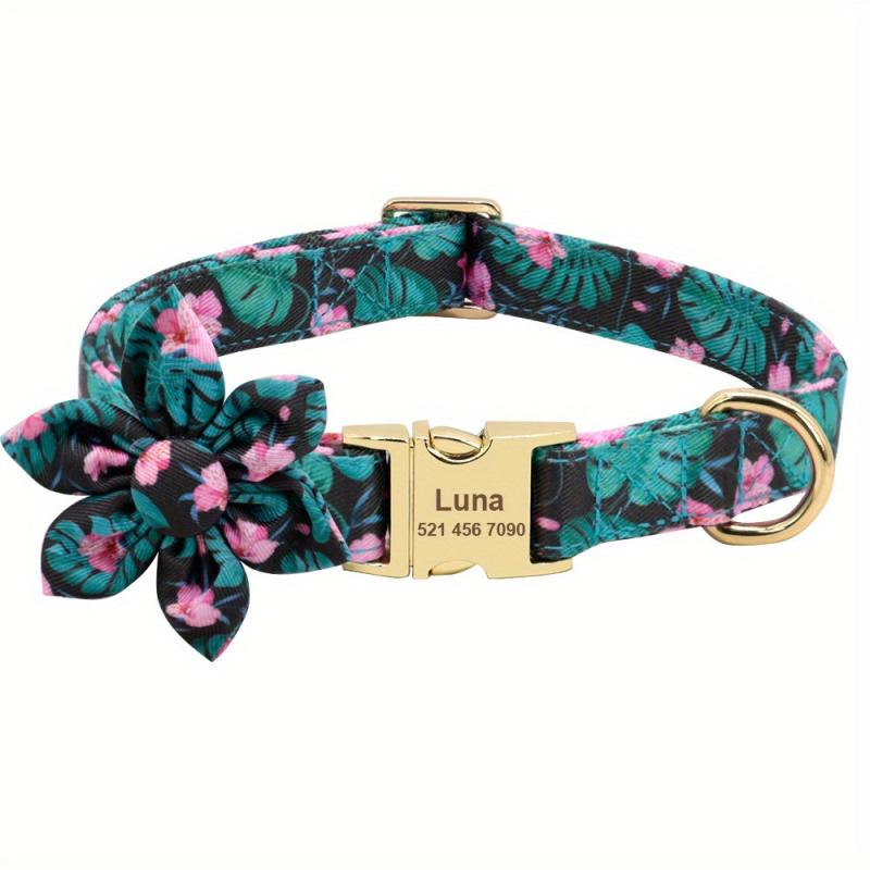 Customizable Nylon Dog Collar with Engraved Floral Pattern