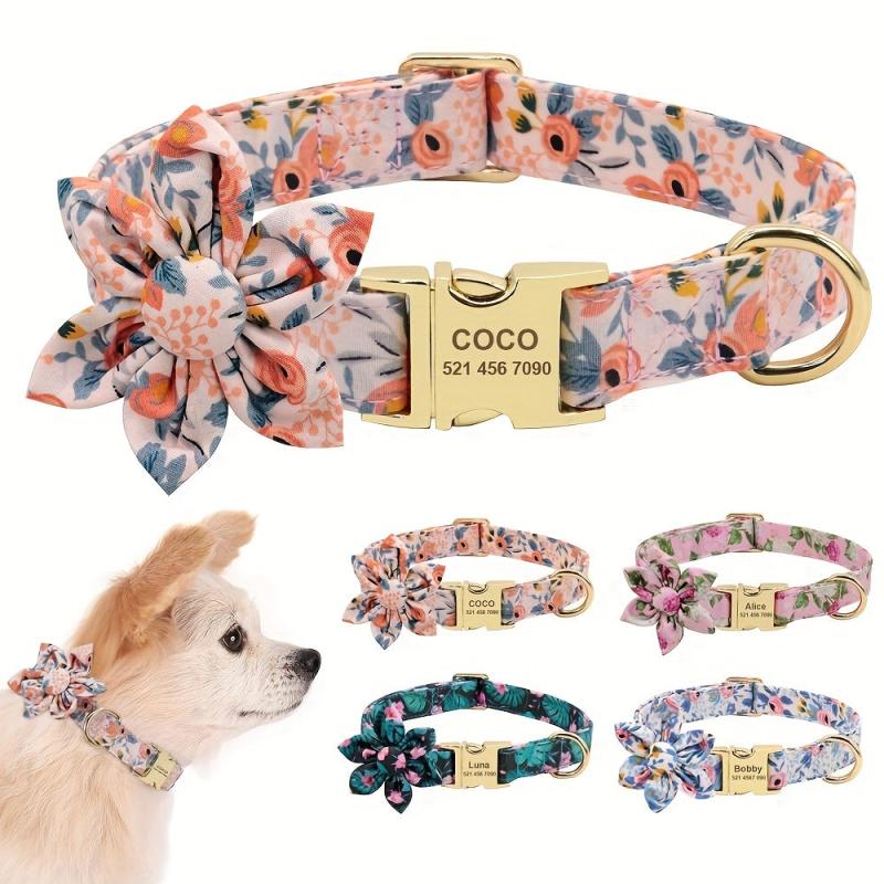 Customizable Nylon Dog Collar with Engraved Floral Pattern