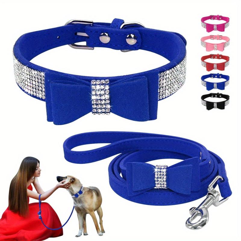 Rhinestone Bowknot Dog Collar Leash Set for Small Medium Dogs Cats