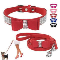 Rhinestone Bowknot Dog Collar Leash Set for Small Medium Dogs Cats