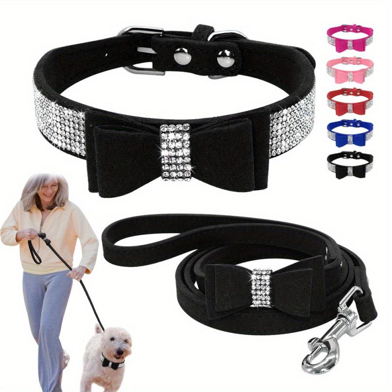Rhinestone Bowknot Dog Collar Leash Set for Small Medium Dogs Cats