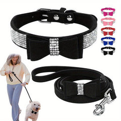 Rhinestone Bowknot Dog Collar Leash Set for Small Medium Dogs Cats