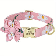 Flower Engraved Personalized Dog Collar - Adjustable Nylon Collar