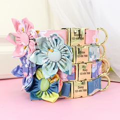 Flower Engraved Personalized Dog Collar - Adjustable Nylon Collar