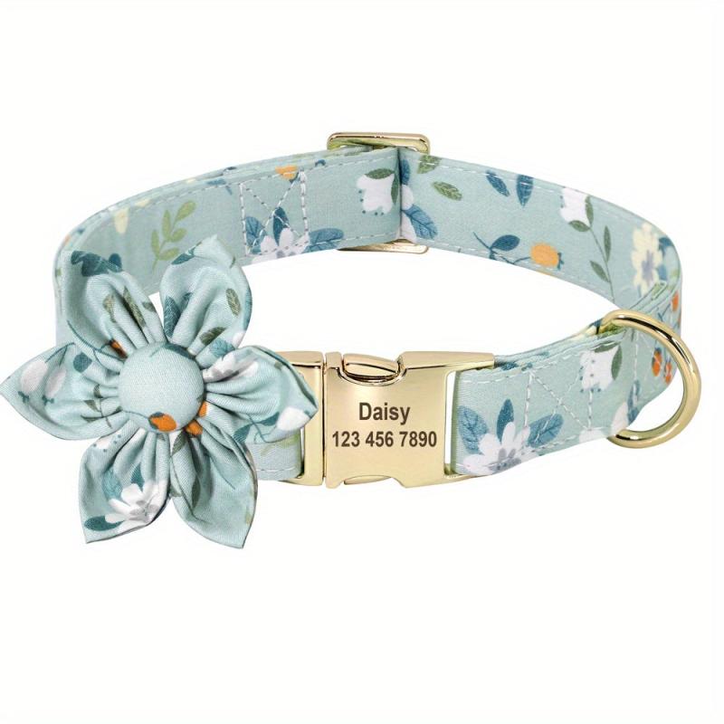 Flower Engraved Personalized Dog Collar - Adjustable Nylon Collar