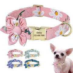 Flower Engraved Personalized Dog Collar - Adjustable Nylon Collar