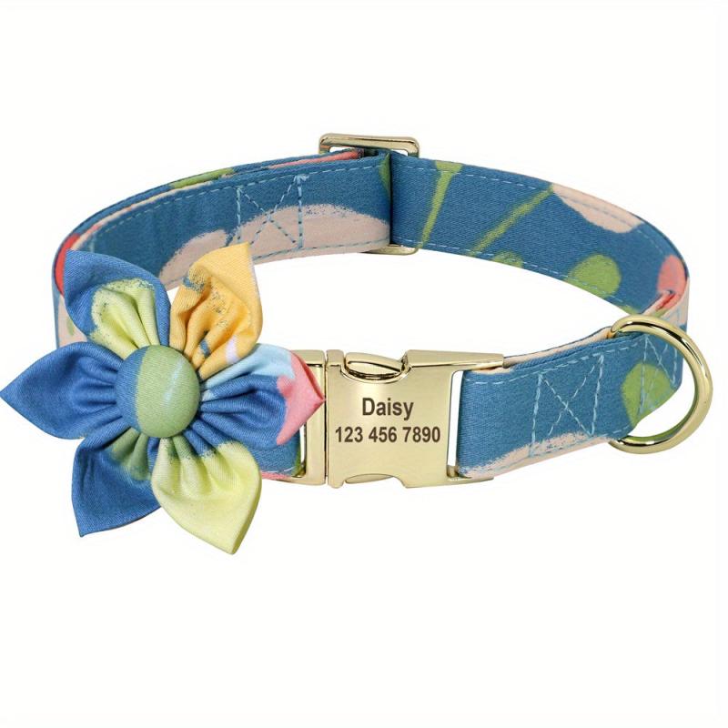 Flower Engraved Personalized Dog Collar - Adjustable Nylon Collar